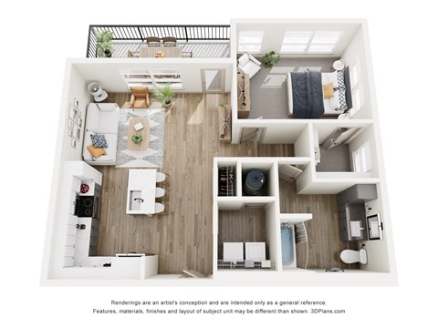 A 3D floor plan of a small apartment with a kitchen, living room, and bathroom.
